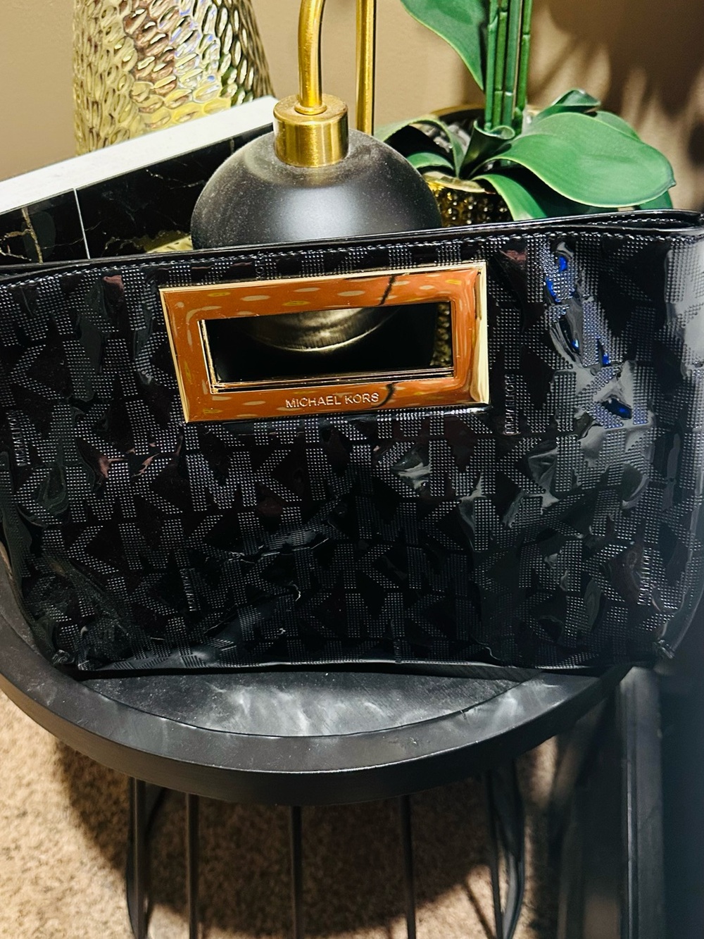 Michael Kors Black Patent Logo Wristlet with Gold-Tone Handle Detail